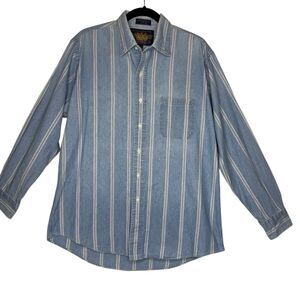 Vtg Ralph Lauren Chaps Lt Denim Blue & Red Striped Button Up Shirt SzXL Slouchy